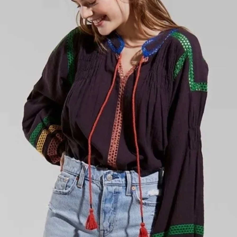 Urban Outfitters Black Boho Embroidered Peasant Blouse with Multicolor Trim